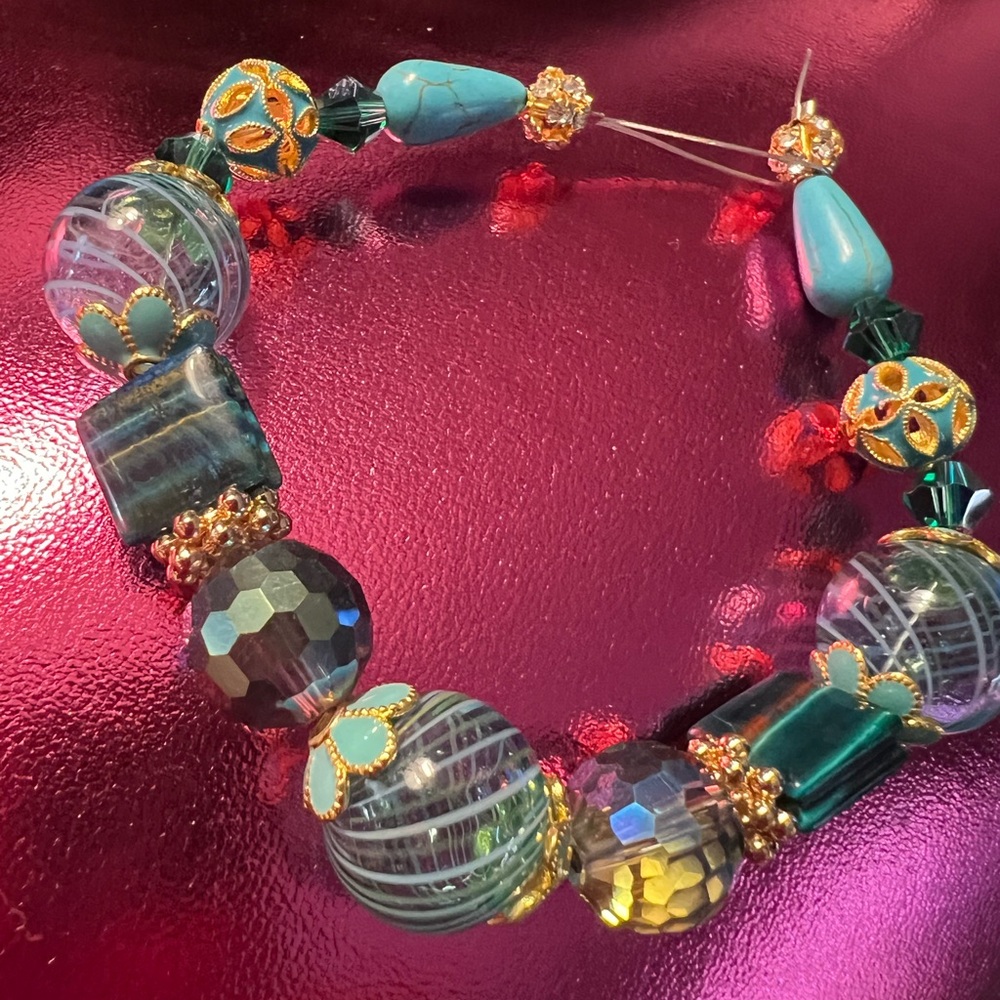 Handcrafted Turquoise & Gold Beaded Statement Bracelet